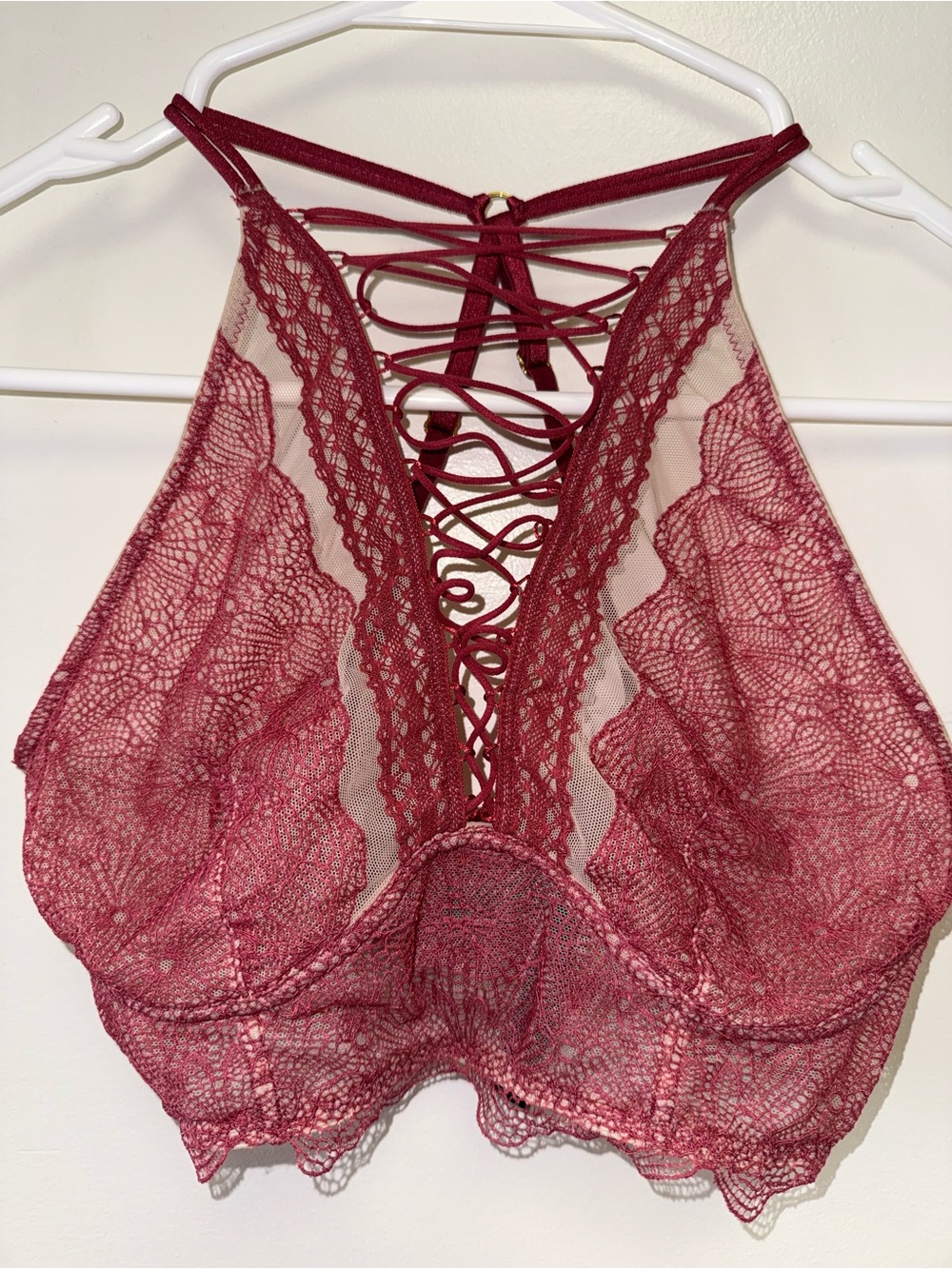 Victoria's Secret (Medium) Red/Nude Lace/Sheer Bralette with Criss Cross Front